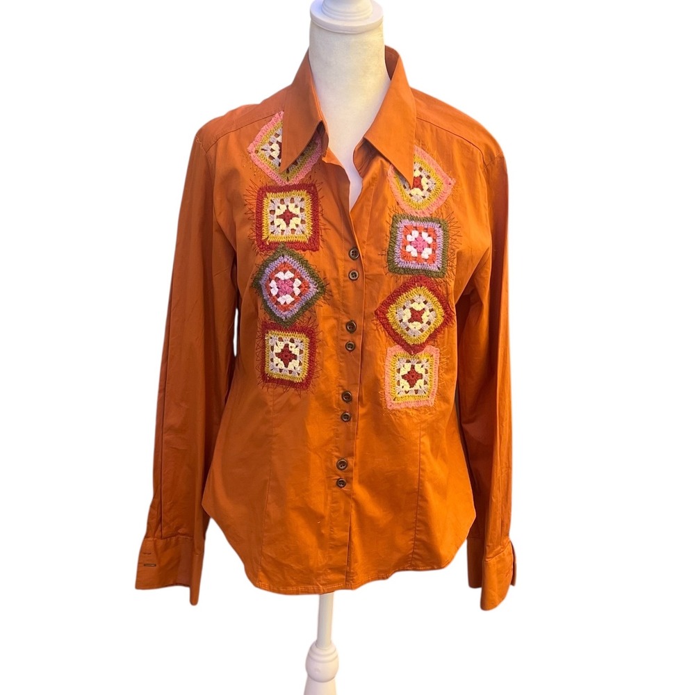 Vintage Orange Brown Cotton Boho‎ BuDown Shirt  Crocheted Granny Squares